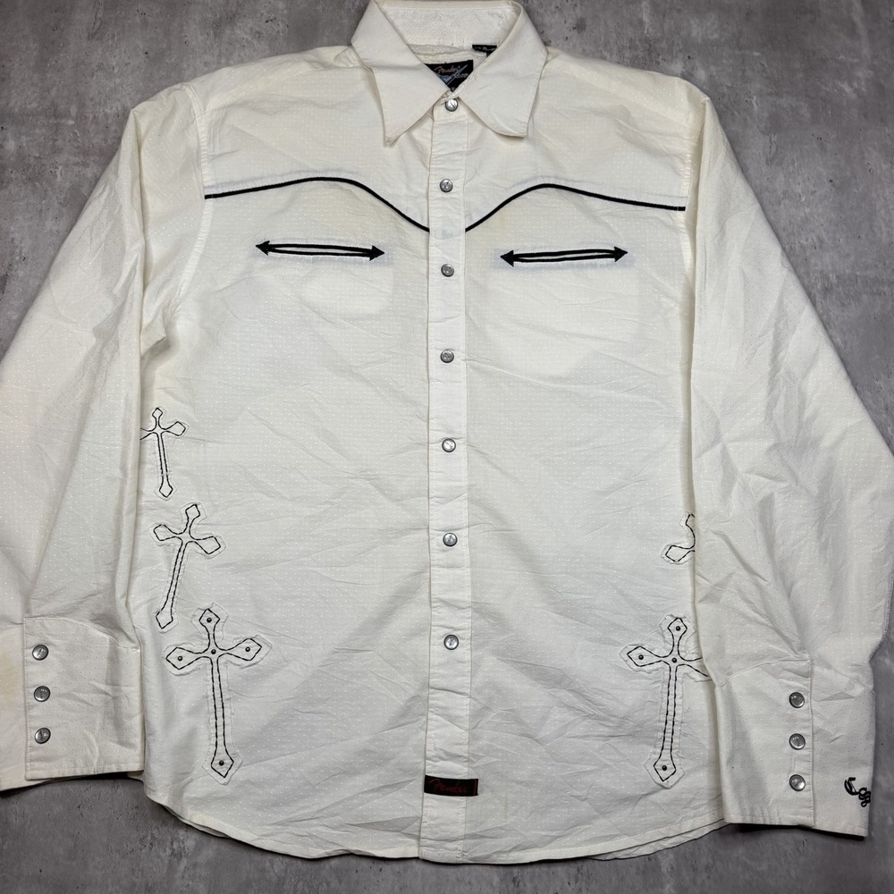 Fender Da Vinci Western Pearl Snap Shirt Mens XL Rockabilly Crosses Y2K